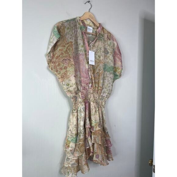 NWT MISA Los Angeles Evie Patchwork Smocked Cap Sleeve Lined Mini Dress Sz Large - Picture 3 of 7